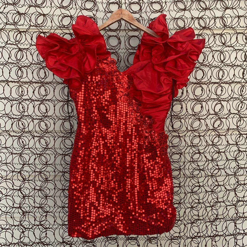 Vintage 80s Dave & Johnny red satin ruffles sequin prom dress